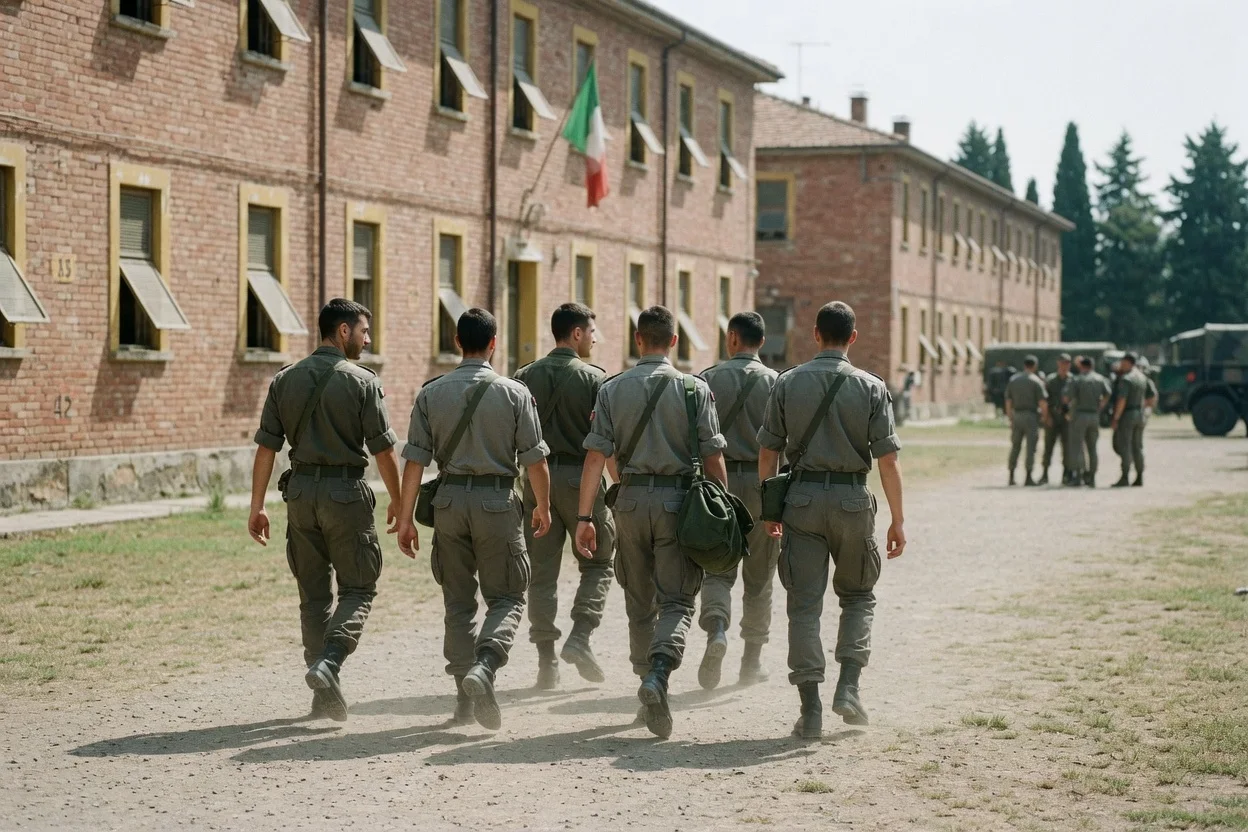 Allievi in uniforme grigioverde di spalle su una piazza d'armi accanto a una caserma